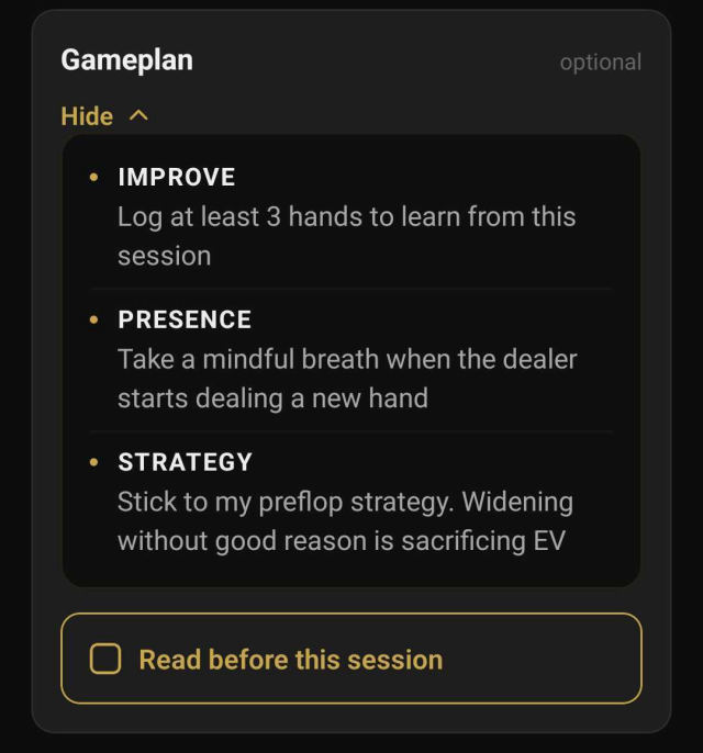 A gameplan card with three points, and a checkbox reading Read before this session.