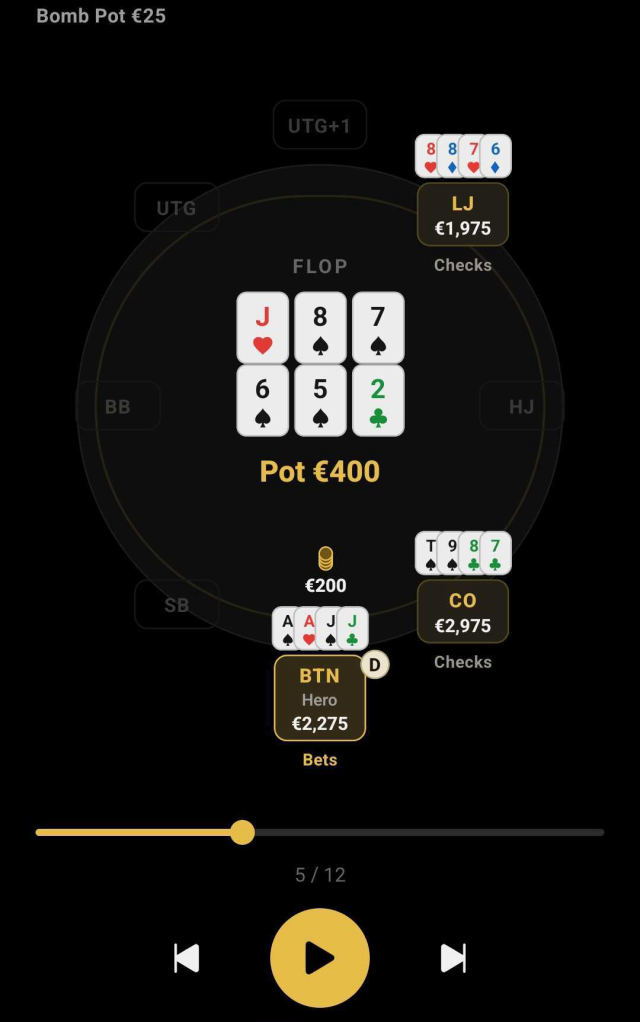 A logged hand replayed street by street, with stacks, positions and the pot.
