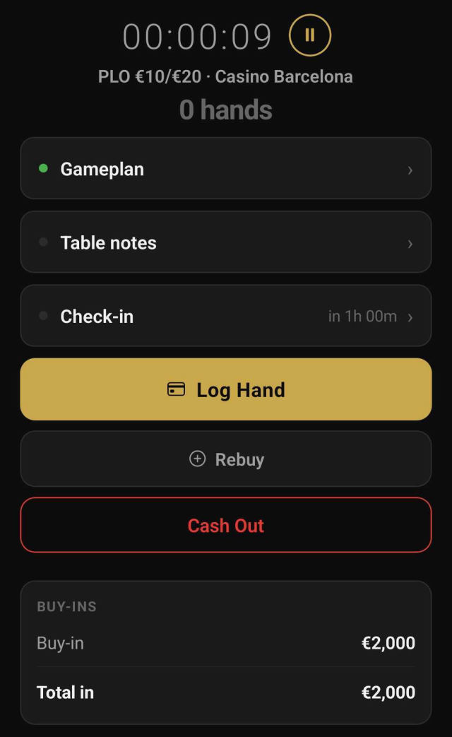 A running session: the clock, the stakes and the venue, with the gameplan, table notes, check-in and Log Hand one tap away, and the buy-ins totalled underneath.