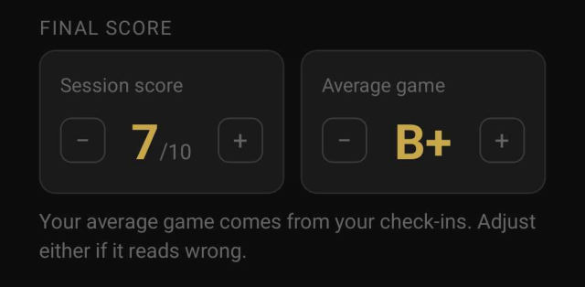 A session scored 7 out of 10 with an average game of B plus, noted as coming from the check-ins.