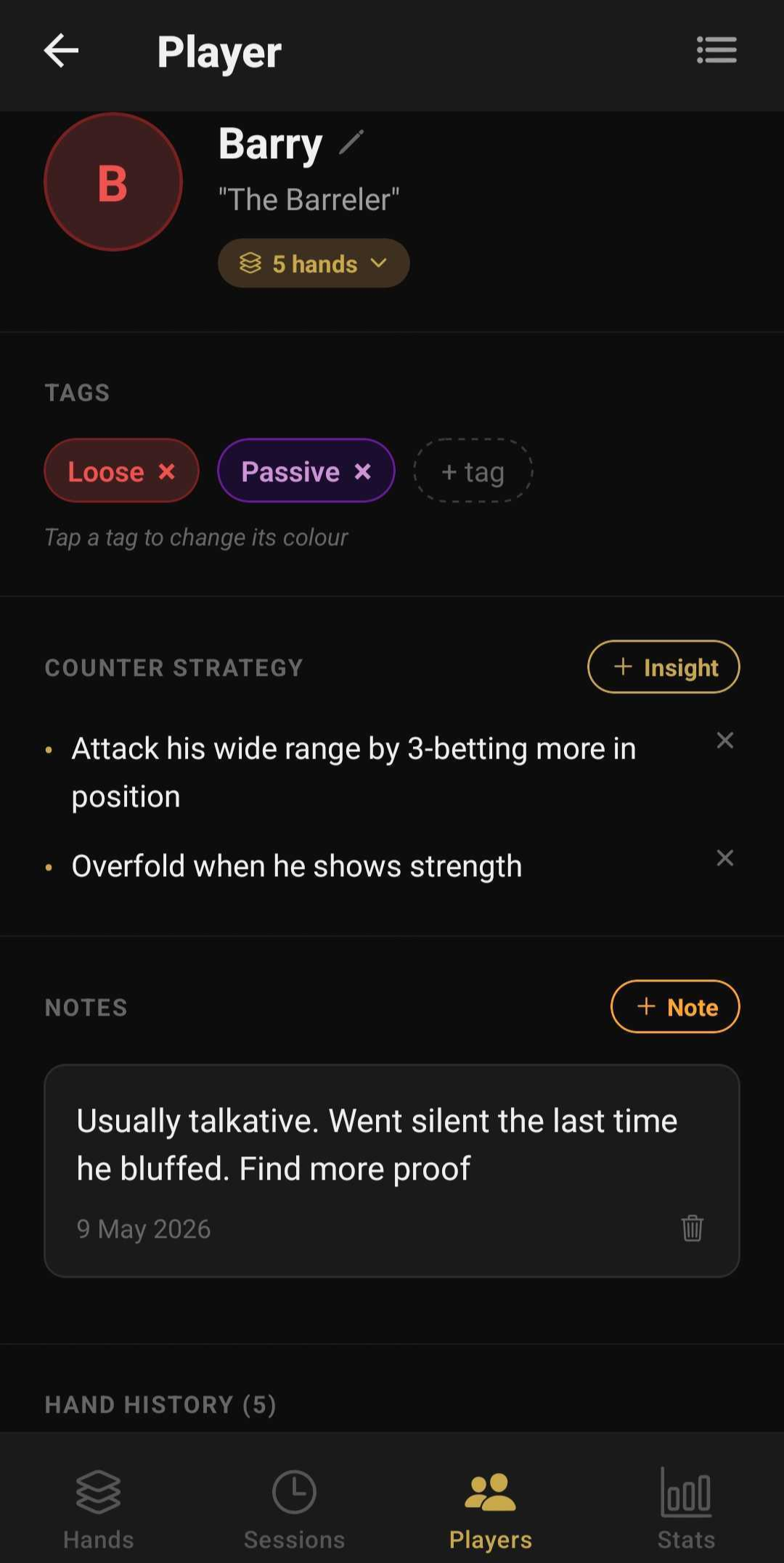 Villain profile screen showing tags, counter strategies and notes