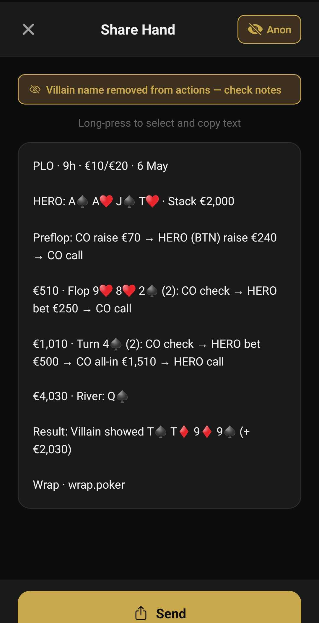 Share Hand screen showing a PLO hand history